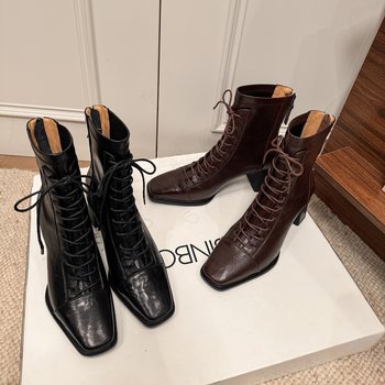 Fashionable square toe short-leg lace-up rear zipper fashion boots