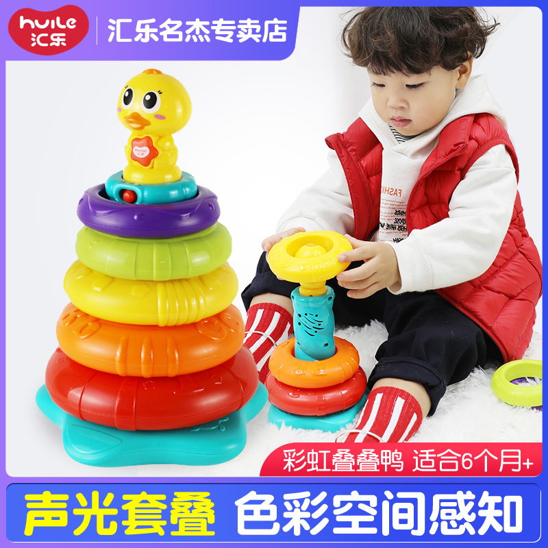 Huile Toy 897 Rainbow Stack Duck Ring DIY Baby Early Education Puzzle Stack Music Rainbow Tower