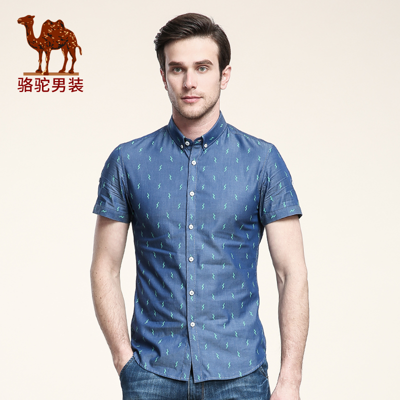 Camel hè thời trang mỏng denim áo sơ mi ngắn tay bông hàng ngày áo giản dị.