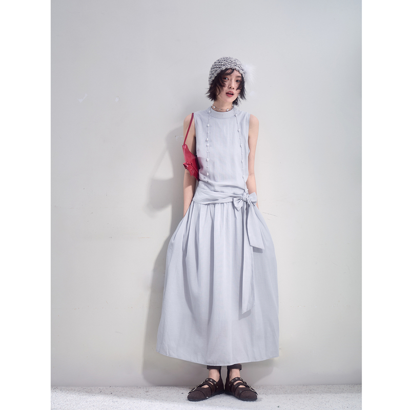 Liparpa Gray Moonlight High-Neck Simple Lyocell Tie-Waist Dress Summer Long Dress Liparpa Gray Moonlight High-Neck Simple Lyocell Tie-Waist Dress Summer Long Dress