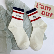 Mohe White Day Dreams Ins Korea English Alphabet Socks Womens Midcylinder White Tide Socks Cotton Japanese Sox