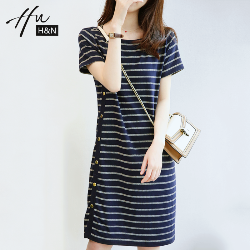 Striped Ocean Dress Women Summer 2022 New Side Buckle Design Sense Small slim temperament minimalist Straight tube T-shirt dress