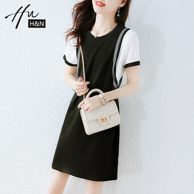 iFashion light and luxurious women's clothing with black and white splicing fake two pieces of foreign clothing and less relaxed and comfortable temperament small skirt