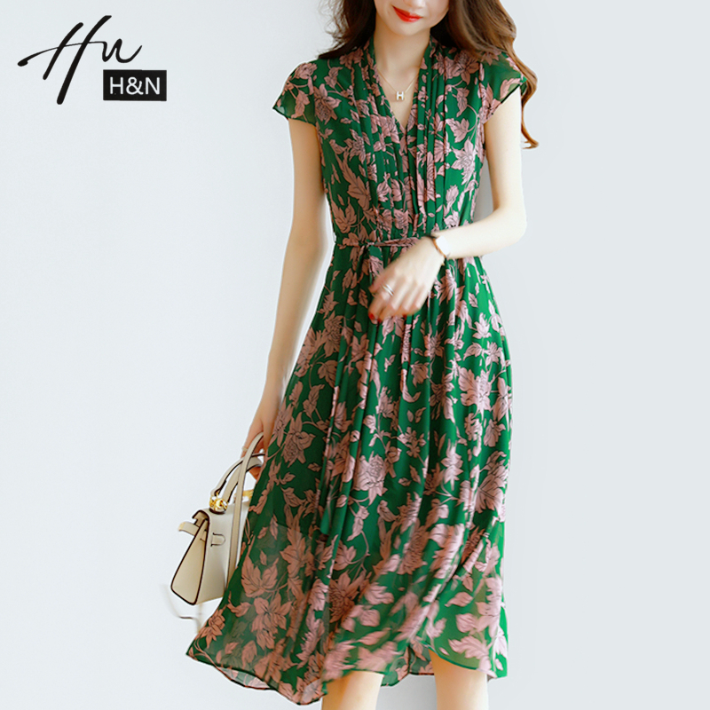 Green French style high-end foreign dress Xia new V collar printed lace collection waist display slim short sleeve temperament snowspun long dress