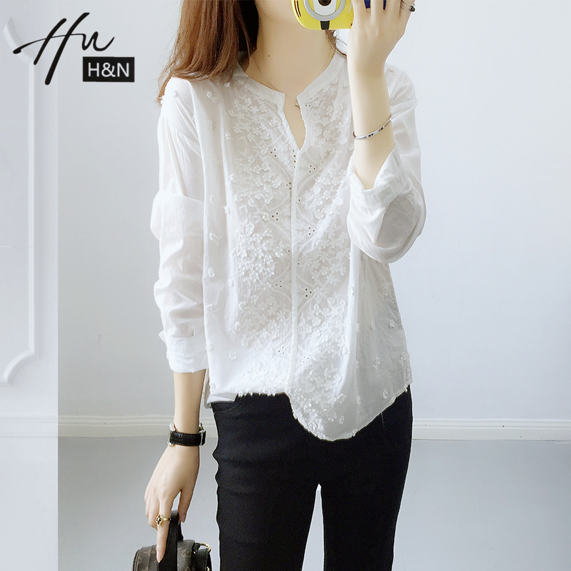 Shirt Woman Design Sensation Small Crowdwhite Embroidered Hollowed-out 100 Lapped Temperament Loose Pure Cotton Mesh Yarn Fairy blouses female damp