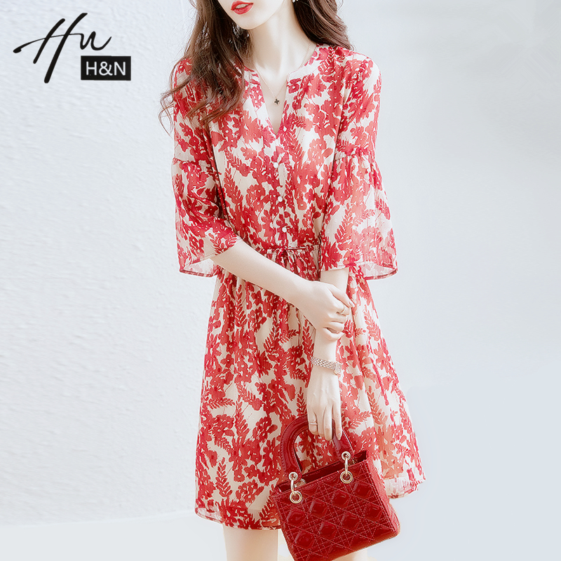 iFashion light and luxurious women's clothing High-end Red Printed Ocean Dress Summer Lacing small Temperament Shatt dresses