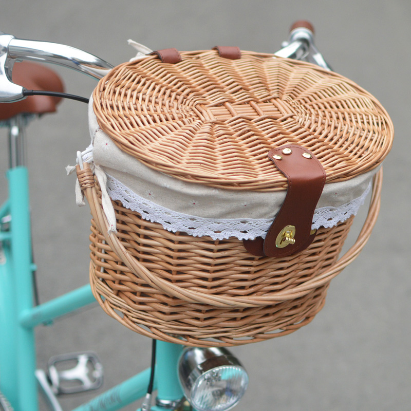 Retro Bike Light Car Bull's main size rattan Cart Basket basket Basket Vegetable Basket Wicker Woven With Lid Basket