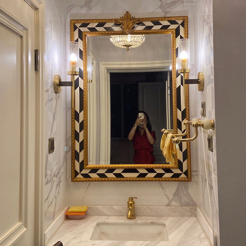 Simple light luxury black and white lattice decorative mirror French fireplace mirror entry mirror toilet wall hanging bathroom wash stand mirror