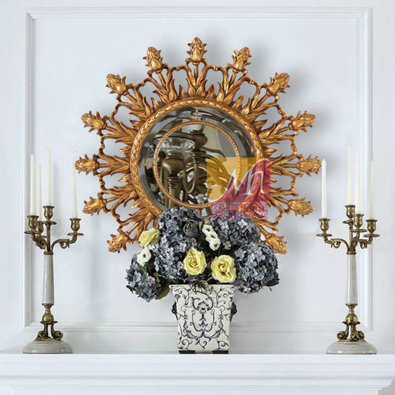 European and American style retro carved decoration mirror gold living room background wall round sunglasses fireplace Xuanguan wall-mounted mirror