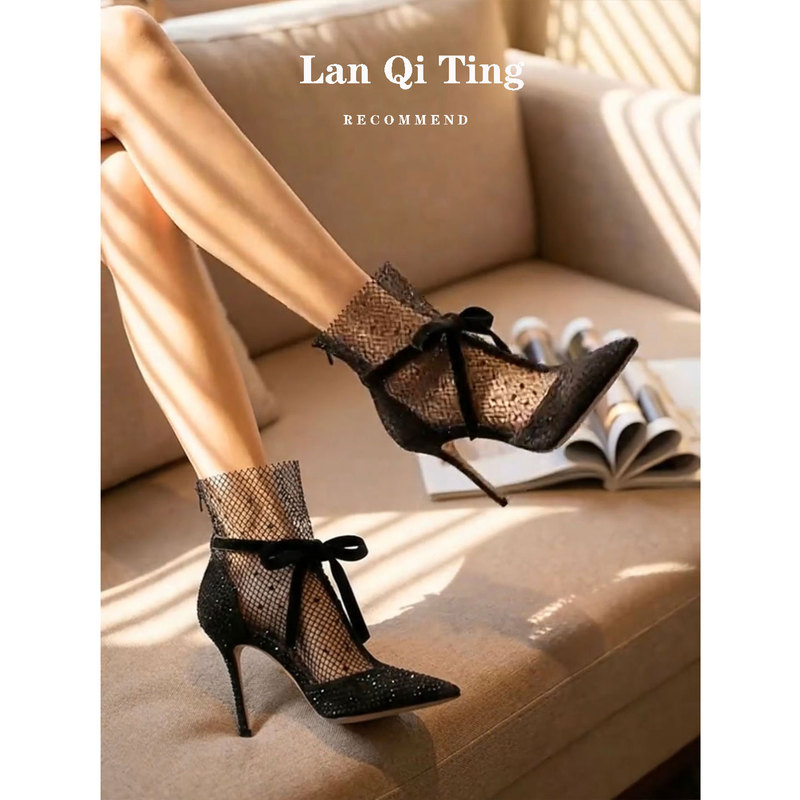 Lan Qiting Pointed Toe Stiletto Bow-Tie Mesh Roman Sandals for Women, Black Shallow Mouth Single Shoes, Versatile High Heels