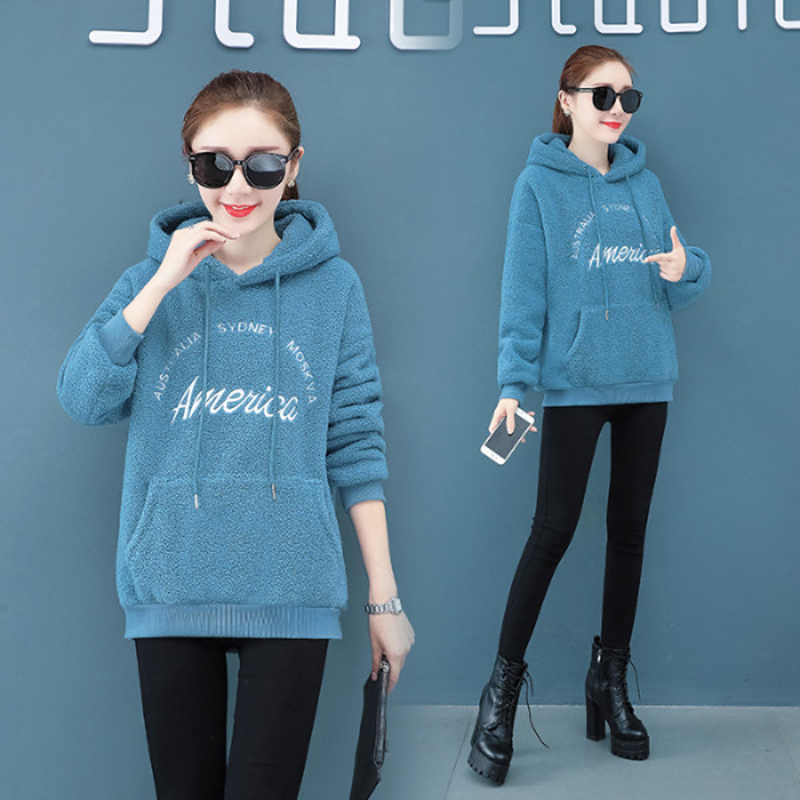 羊羔毛卫衣女2019秋冬新款连帽上衣毛茸茸宽松加绒加厚学生外套潮