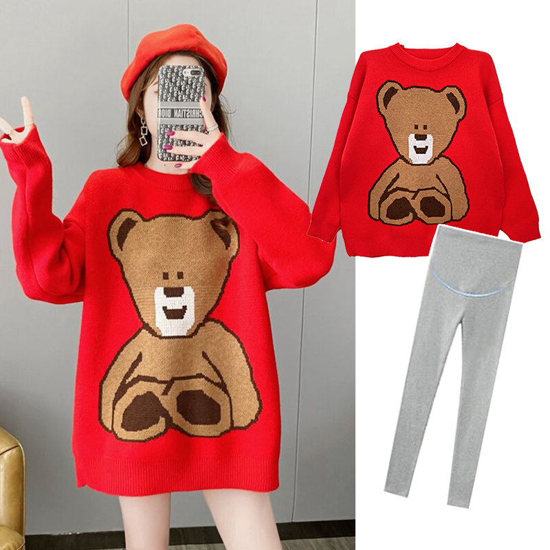 Pregnant woman autumn winter clothing suit fashion 2021 new blouses net red sweater women's winter medium long style dress winter style
