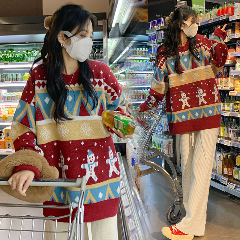 Pregnant women's autumn and winter style suit loose sweater with long version of blouses women's undershirt foreign dress thickened Winter Christmas