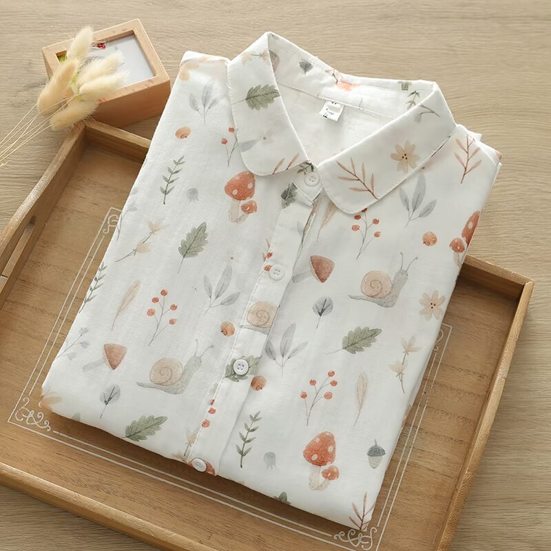 Fresh Mushroom Print Double-Layer Cotton Gauze Long-Sleeved Shirt for Women, New Spring Casual Slimming Top Fresh Mushroom Print Double-Layer Cotton Gauze Long-Sleeved Shirt for Women, New Spring Casual Slimming Top