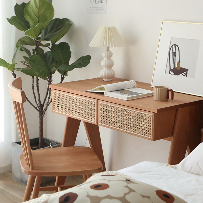 Nordic solid wood desk cherry wood rattan woven bedroom modern minimalist ins Japanese antique makeup table desk integrated