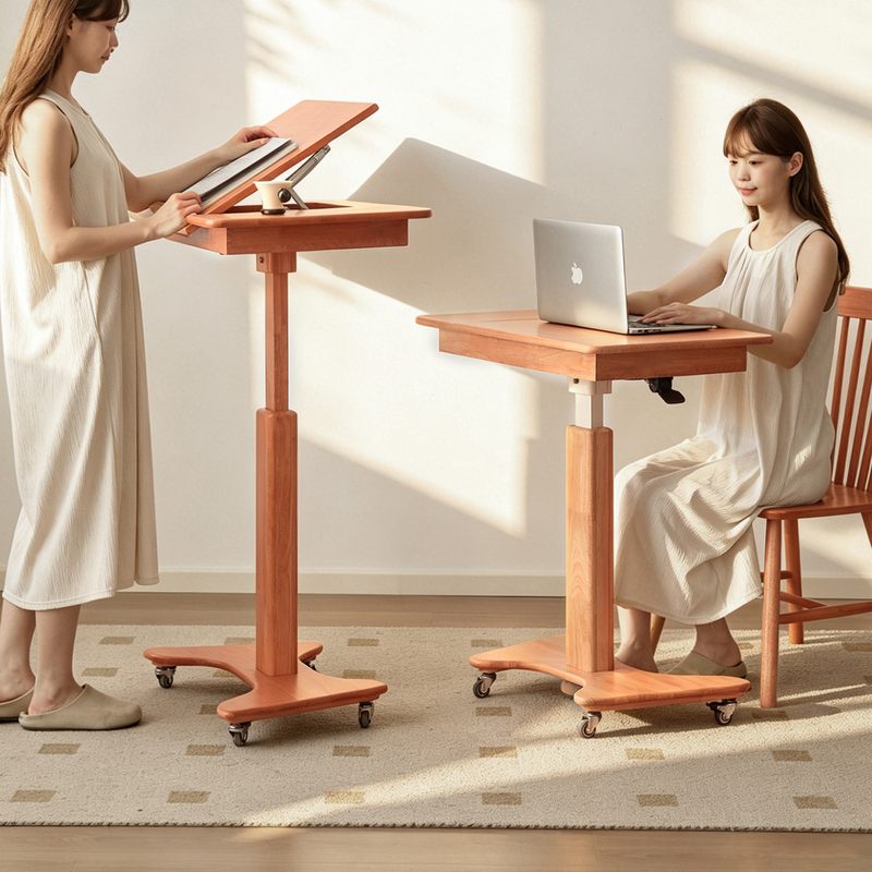 Yunyun Jiamei Solid Wood Adjustable Desk in Cherry Wood Color, Living Room Sofa Side Study Table, Simple Movable Bedside Table