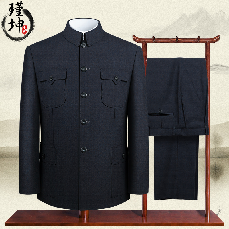 Jinkun black wool tunic men's middle-aged suit Chinese style senior dress 60-year-old 70-year-old grandfather outfit