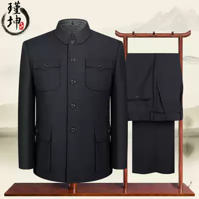 Plus velvet Chinese tunic men's middle-aged and elderly double-sided Serge Zhongshan suit suit Grandpa jacket Chinese style national service thickened