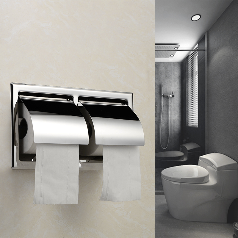 304 stainless steel wall-into-wall roll box rack double row concealed tissue holder toilet hand paper holder H9011