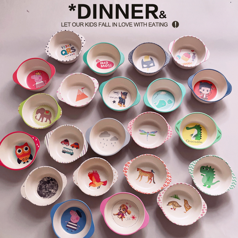 Bamboo fiber cartoon alphabet dinosaur car Wang children baby small bowl binaural bowl non-staple food rice bowl healthy and environmentally friendly
