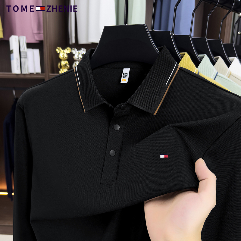 Tome Zhenie/Tommy Lapel Men's Long Sleeve Polo Shirt Business Casual Mulberry Silk Versatile T-Shirt Top