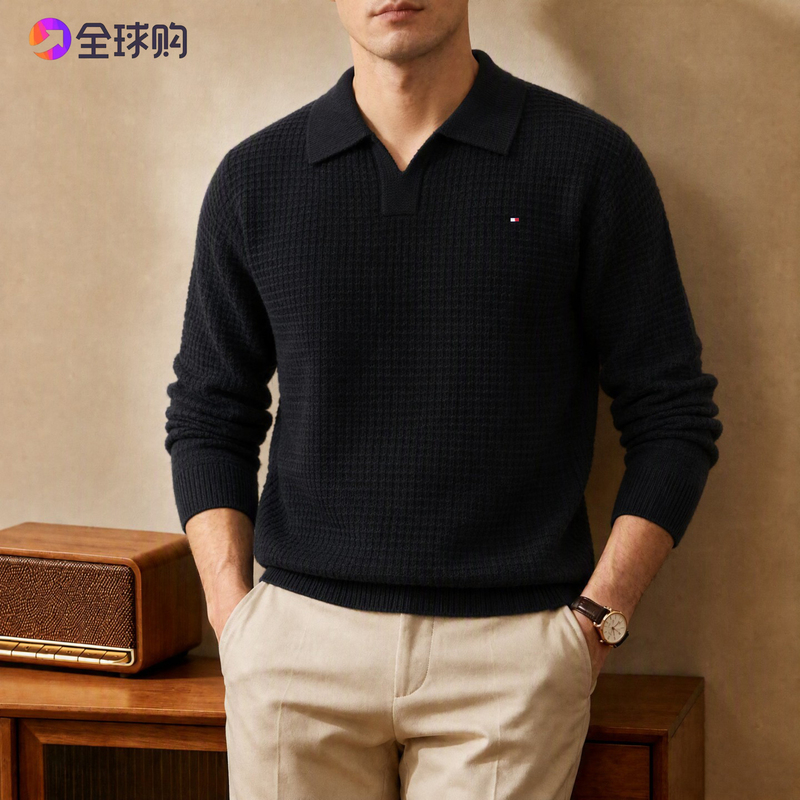 Tommy's New Winter 100% Wool Polo Collar Knitwear Men's Long-Sleeved Casual Versatile Loose-Fitting Base Sweater Tommy's New Winter 100% Wool Polo Collar Knitwear Men's Long-Sleeved Casual Versatile Loose-Fitting Base Sweater
