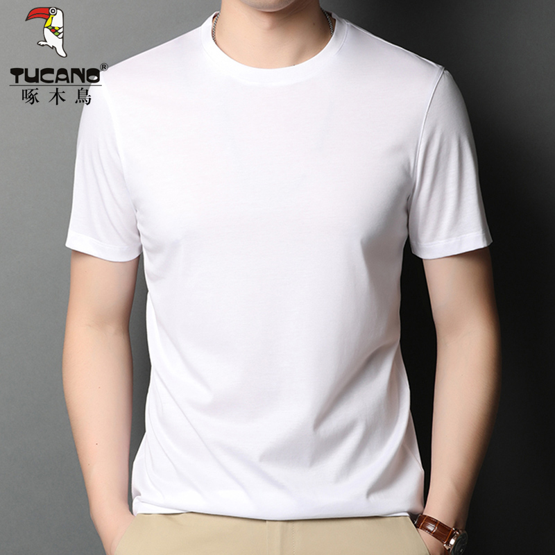 Woodpecker ice silk short sleeve T-shirt male round collar white Nehitch middle-aged loose summer thin half sleeve sweatshirt man