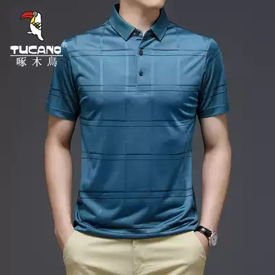 Woodpecker men's short sleeve polo shirt Korean business leisure mulberry silk men's T-shirt Slim summer coat men