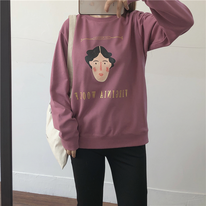 Muzi 18 mùa thu / hoa mai / sương mù màu xanh / tím cotton in chân dung giản dị hoang dã áo len dài tay áo len nữ áo khoác nữ hot trend 2020