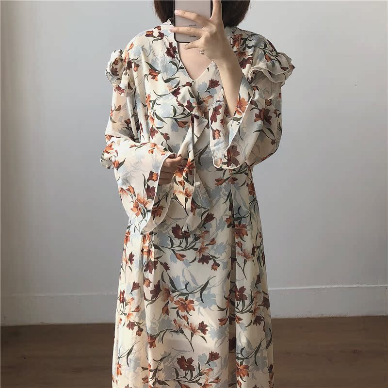 Muzi 18 mùa thu / màu rất đẹp, đầm dài tay hoa nhẹ nhàng, ren nấm, đầm voan mỏng váy bút chì dài