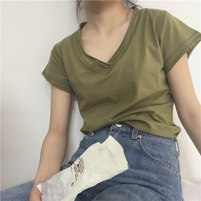 muzi custom olive green gentle white shallow rice ash black hand a piece of pure cotton short - sleeved V - shirt woman