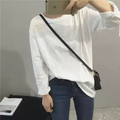 Long sleeve white T-shirt simple solid color Joker round neck pullover loose cotton bamboo cotton long version base shirt female autumn