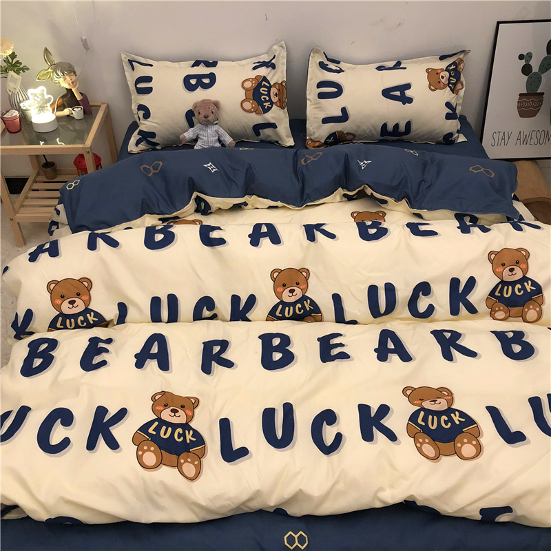 South Korea ins cartoon simple net red four-piece cute bed sheet quilt cover 1 8m double four-piece bedding