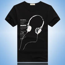 Mens short-sleeved T-shirt trend music headphones printed cotton crew neck summer mens clothes Korean version of the base shirt