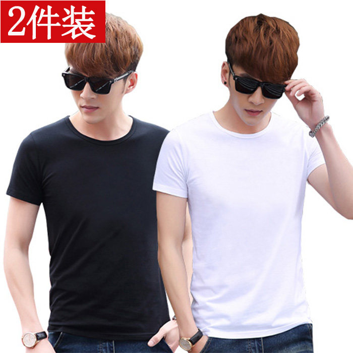 Summer men's short-sleeved T-shirt cotton crew neck Korean slim-fit base shirt blank solid color pure black and white painting