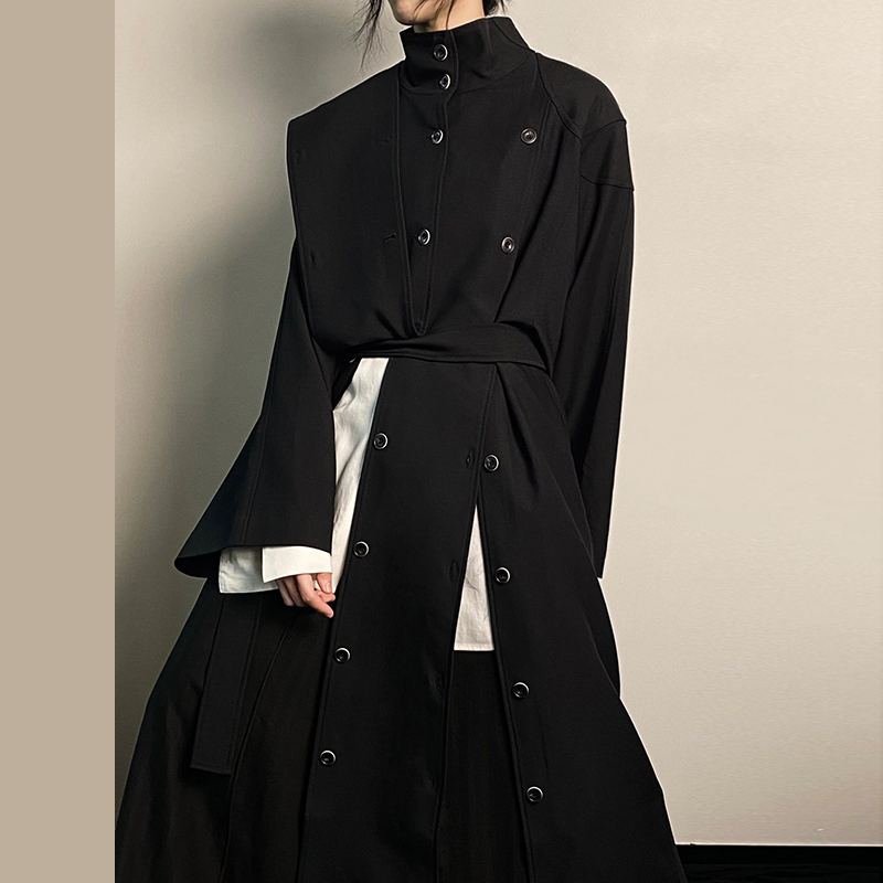 Dark Avant-Garde Design Niche Long Black Trench Coat 2025 Autumn Hepburn Style Drapey Loose Coat for Tall People