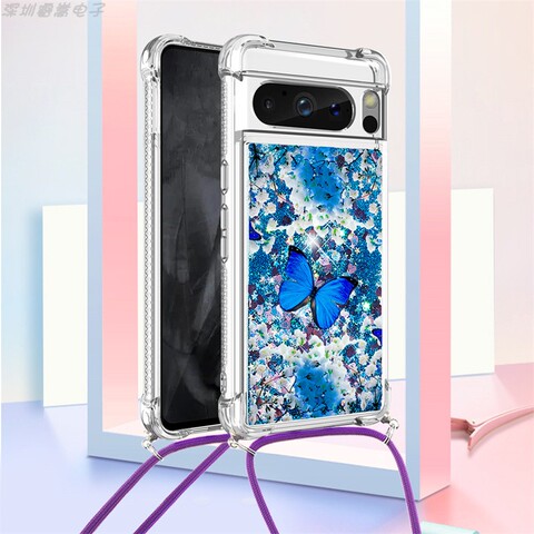Girls Quicksand Glitter Bling Silicone TPU Airbag Corner Protection With Lanyard Strap 8, 8 Pro Google Pixel Phone Case