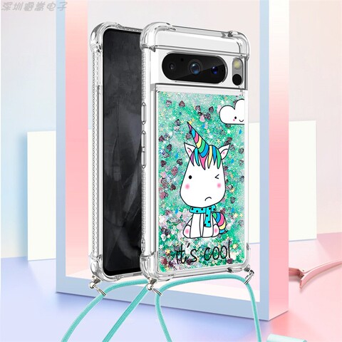 Girls Quicksand Glitter Bling Silicone TPU Airbag Corner Protection With Lanyard Strap 8, 8 Pro Google Pixel Phone Case