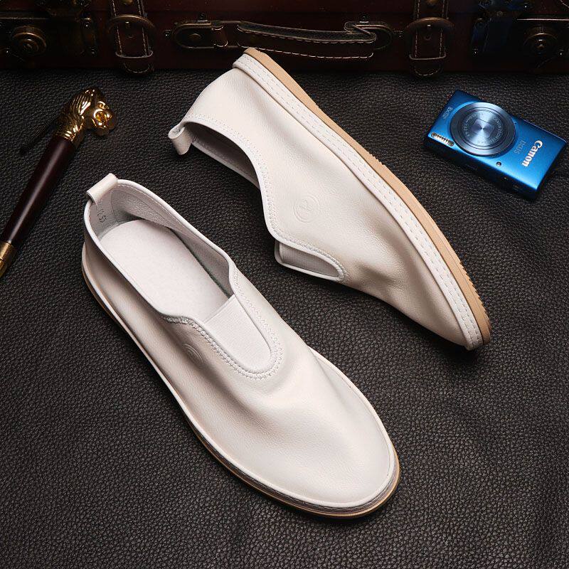 Genuine leather Little white shoes Men's summer slim Breathable One foot pedal Soft Bull leather casual board Shoe Summer Lazy Man 100 Hitch Shoes