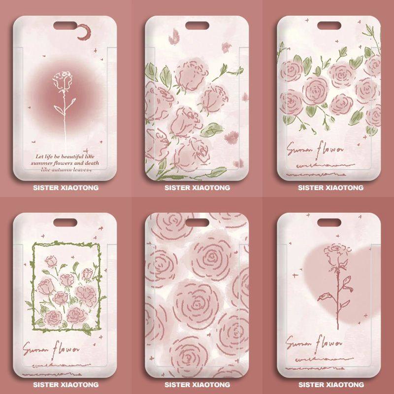 Instagram-style minimalist cartoon pink flower sliding card holder for students, meal cards, public transport cards, and ID cards; protective cover for women.