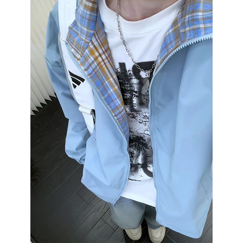 American High Street Style Plaid Color-Blocking Sun Protection Jacket for Men, Spring Design Lapel Jacket, Couple's Baseball Jacket