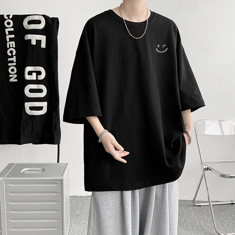 Summer Ice Silk Cool Short-Sleeve T-Shirt for Men, Hong Kong Style ins Half-Sleeve Loose Smiley Face T-Shirt, Pure Cotton Thin Base Shirt, Trendy
