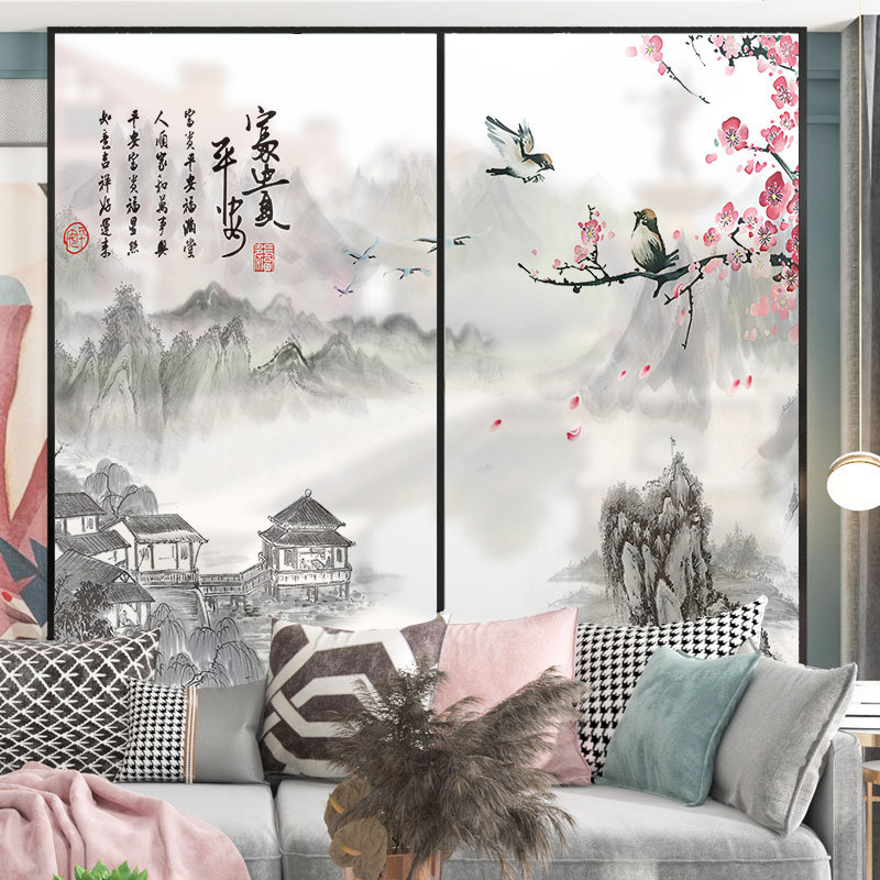 Office window light transmission opaque Opaque Frosted Frosted Glass Sticker Bedroom Bathroom balcony Diaphanous Landscape Painting Cling Film