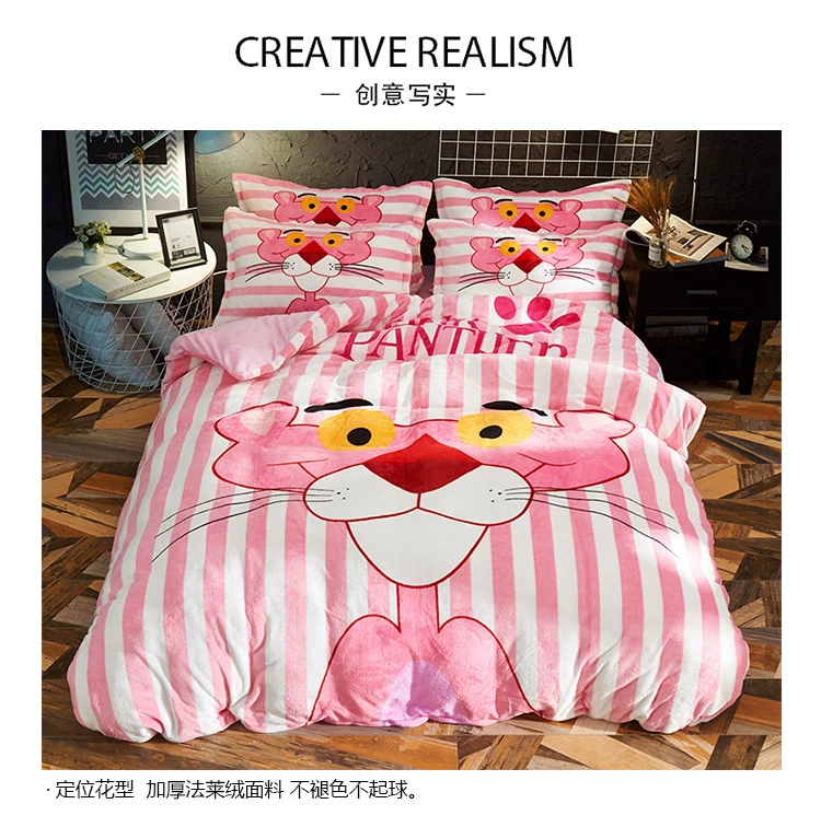 Winter nhung san hô dày Pink Panther gia đình giường bốn luật Levin cashmere flannel tấm hai mặt quilt phim hoạt hình người phụ nữ - Bộ đồ giường bốn mảnh bộ ga giường everon