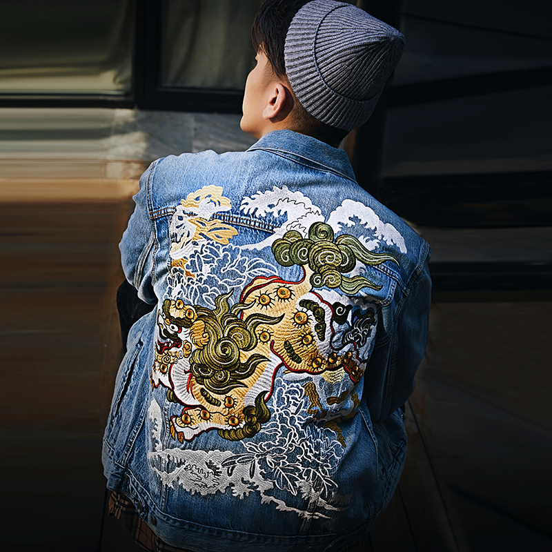 Baylor Fu China Wind Embroidery Lion Denim Jacket for men and women The same retro casual jacket breathable large size for spring