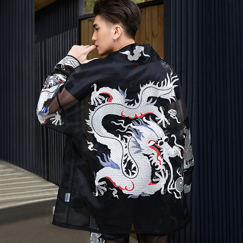 Baylor Silver Dragon Embroidery Hanfu Cardigan Summer New Loose Size Men's High Density Embroidery Dragon Robe Men and Women