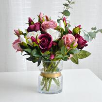 3 Short flannel rose fake rose living room decoration flower red rose simulation bouquet five sets to send vase