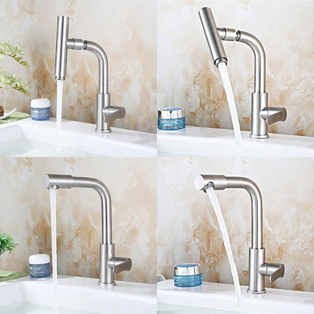 304 Stainless Steel Basin Faucet Single Cold Rotating Household Bathroom Countertop Upper and Lower Basin Washbasin Hand Washing Faucet