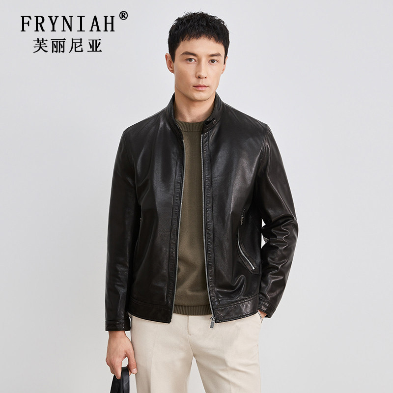 Short Casual Genuine Leather Jacket for Men, Comfortable and Soft Goatskin, Stylish Slim-Fit Motorcycle Business Men's Jacket