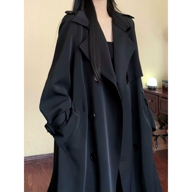 115kg Stunning Black High-End Loose Long Trench Coat for Women, Suitable for Plus Size (300mm), Casual, Waist-Cinching, for Tall Individuals